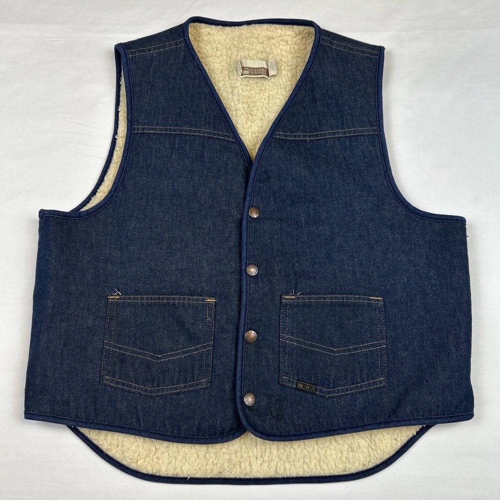 Vintage Roebucks Sears Denim Vest Mens L 80s Blue Sherpa Lined Western Jacket